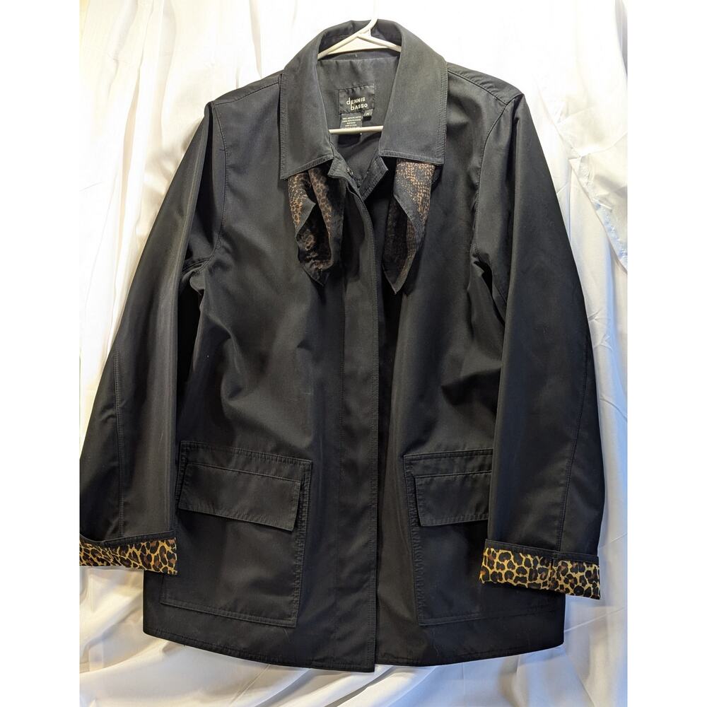 Dennis basso Black Rain Coat w/Leopard Print Lining and Head Scarf  Size M